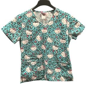 Hello Kitty by Sanrio Scrub Top Womens Size XS Teal Blue Medical Short Sleeve